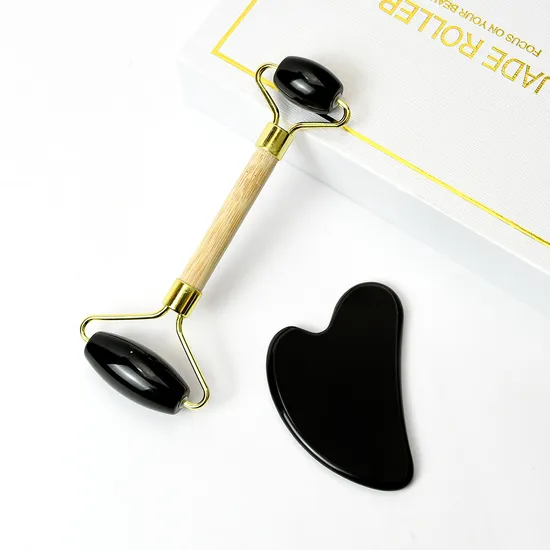 Natural Handheld Massager Face Massage Roller Guasha Black Obsidian Jade Gua Sha Stone Tool Set 