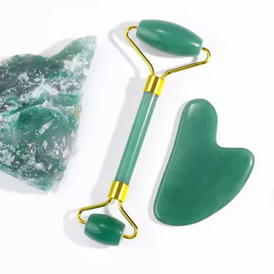 Natural Green Aventurine Jade Stone Facial Skincare Massage Jade Roller and Gua Sha Set 