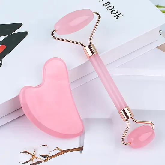 Cheap 100% Natural Frosted Pink Rose Quartz Roller Crystal Stone Gua Sha Set 