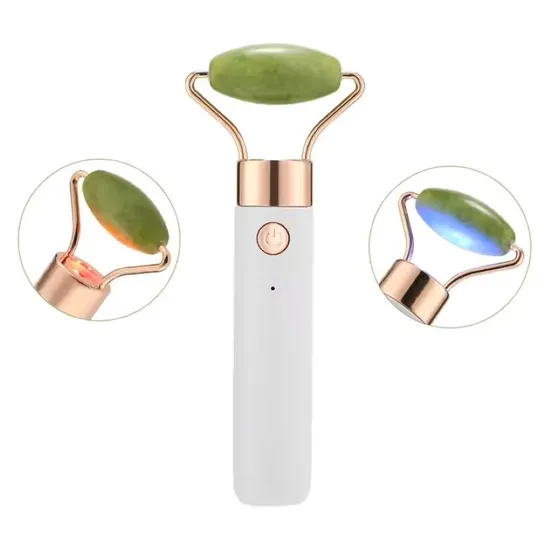 Face Neck Lifting Massager Beauty Device Electric Natural Jade Roller with Blue Red Light 