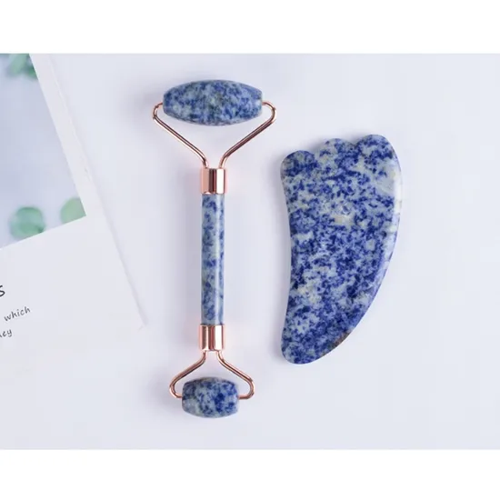 Private Label Natural Crystal Stone Blue Point Vibrating Facial Massager Jade Roller Guasha Set Blue Jade Roller Kit with Case 