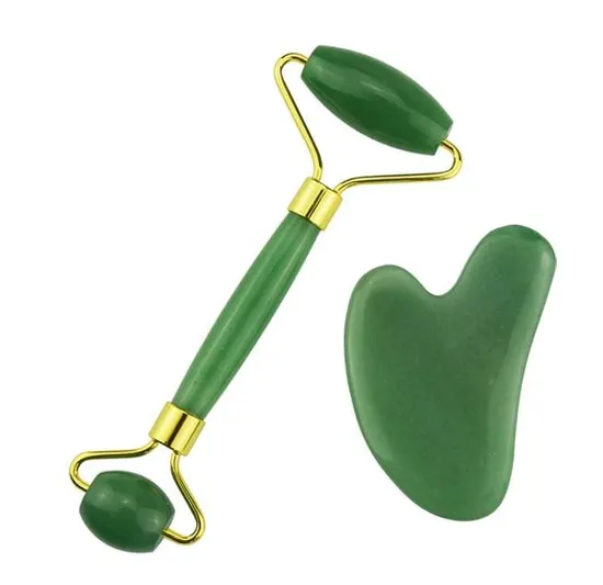Supply Natural Green/Pink Crystal Jade Roller Beauty Skin Care Scraping Board Set 